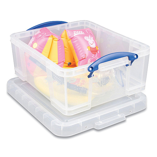Really Useful Box Snap-Lid Storage Bin, 4.49 gal, 11" x 18" x 4", Clear/Blue, 4/Pack (17CPK4CB)