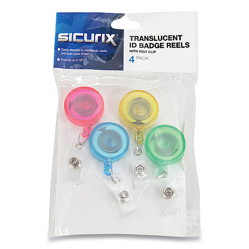 SICURIX ID Slide-Style Belt Clip Card Reels, 30" Extension, Round, Green/Light Blue/Pink/Yellow, 4/Pack (BAU68894)