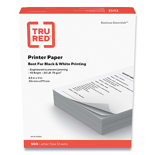 TRU RED Printer Paper, 92 Bright, 20 lb Bond Weight, 8.5 x 11, 500 Sheets/Ream (135855)