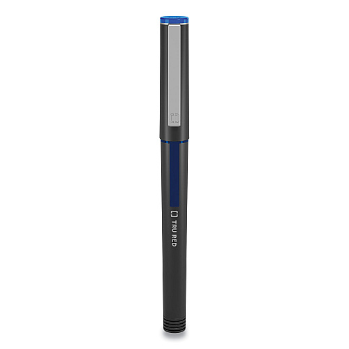 TRU RED Roller Ball Pen, Stick, Fine 0.5 mm, Blue Ink, Black/Blue/Clear Barrel, Dozen (24419531)
