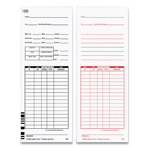 Time Clock Cards for Lathem Time 7000E/7500E, Two Sides, 3.38 x 8.78, 100/Pack (E79100)