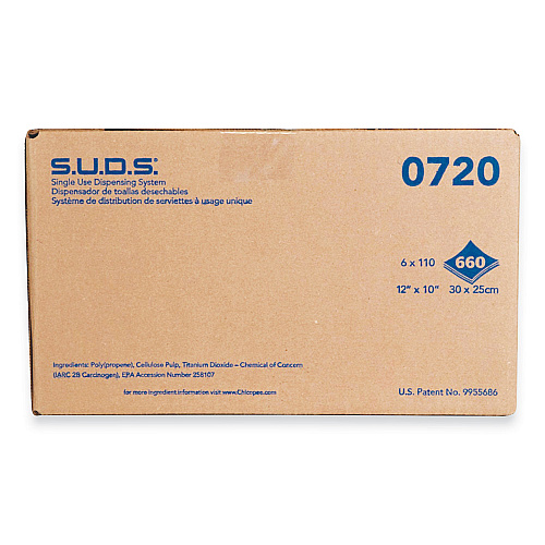 Chicopee S.U.D.S. Single Use Dispensing System Towels For Quat, 1-Ply, 10 x 12, Unscented, White, 110/Roll, 6 Rolls/Carton (0720)