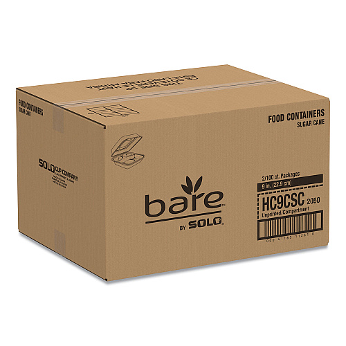 SOLO Bare Eco-Forward Bagasse Hinged Lid Containers, ProPlanet Seal, 3-Compartment, 9.6 x 9.4 x 3.2, Ivory, Sugarcane, 200/Carton (HC9CSC2050)