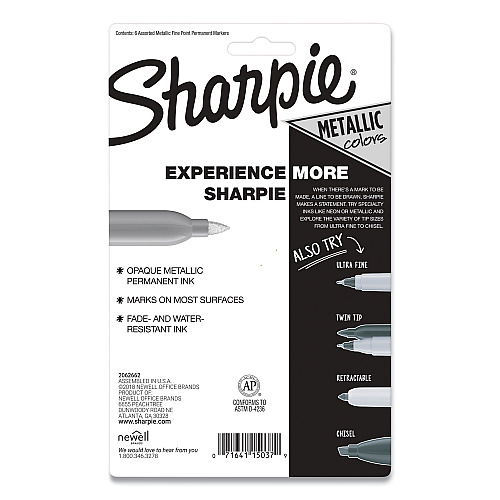 Sharpie Metallic Fine Point Permanent Markers, Fine Bullet Tip, Blue-Green-Red, 6/Pack (2029678)