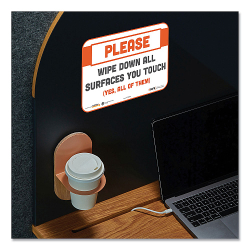 Tabbies BeSafe Messaging Repositionable Wall/Door Signs, 9 x 6, Please Wipe Down All Surfaces You Touch, White, 30/Carton (29163)