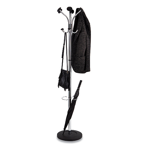 Alba Chromy Coat Stand, 12 Knobs, 16w x 16d x 70.5h, Chrome/Black (PMCLAS)