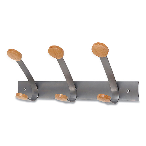 Alba Wooden Coat Hook, Three Wood Peg Wall Rack, Brown/Silver, 45 lb Capacity (PMV3)
