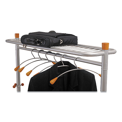 Alba Garment Racks, Two-Sided, 2-Shelf Coat Rack, 6 Hanger/6 Hook, 44.8w x 21.67d x 70.8h, Silver/Wood (PMLUX6)