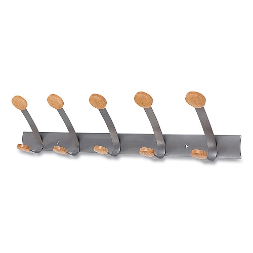 Alba Wooden Coat Hook, Five Wood Peg Wall Rack, Brown/Silver, 45 lb Capacity (PMV5)