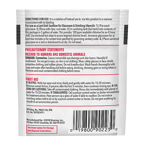 Diversey Beer Clean Last Rinse Glass Sanitizer, Powder, 0.25 oz Packet, 100/Carton (90223)