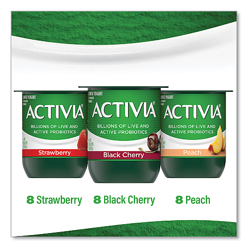 Activia Probiotic Lowfat Yogurt, 4 oz Cups, Black Cherry/Peach/Strawberry, 24/Pack (90200477)