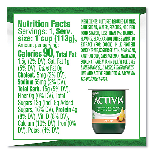 Activia Probiotic Lowfat Yogurt, 4 oz Cups, Black Cherry/Peach/Strawberry, 24/Pack (90200477)