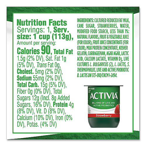 Activia Probiotic Lowfat Yogurt, 4 oz Cups, Black Cherry/Peach/Strawberry, 24/Pack (90200477)