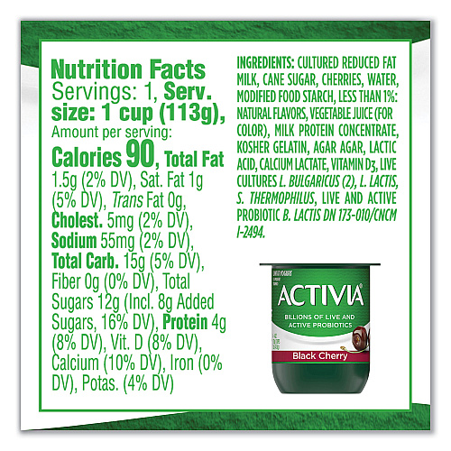Activia Probiotic Lowfat Yogurt, 4 oz Cups, Black Cherry/Peach/Strawberry, 24/Pack (90200477)