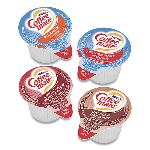 Coffee-mate Liquid Coffee Creamer, Cinnamon/Peppermint/Pumpkin/Vanilla, 0.38 oz Mini Cups, 50/Pack,4 Packs/Carton (70000093)