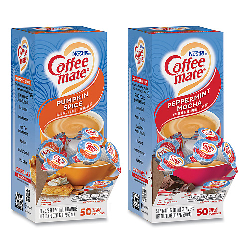 Coffee-mate Liquid Coffee Creamer, Cinnamon/Peppermint/Pumpkin/Vanilla, 0.38 oz Mini Cups, 50/Pack,4 Packs/Carton (70000093)
