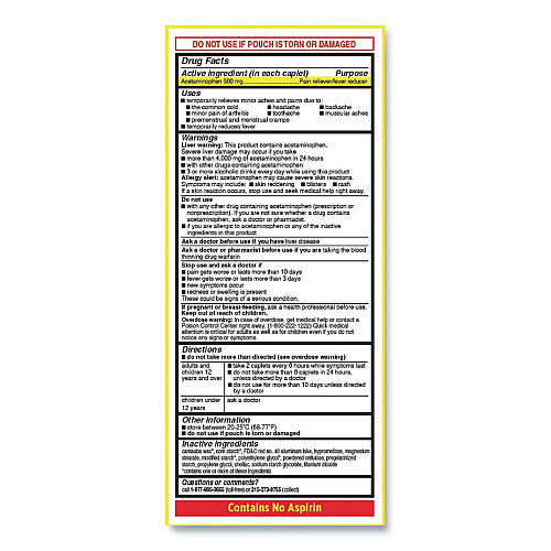 Tylenol Acetaminophen, 500mg, Extra Strength Caplets, Refill, 2 /Packet, 30 Packets/Box (97477)