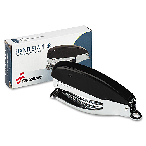 AbilityOne 7520002405727, SKILCRAFT Hand-Held Stapler, 15-Sheet Capacity, 0.25" Staples, 2" Throat, Black/Silver