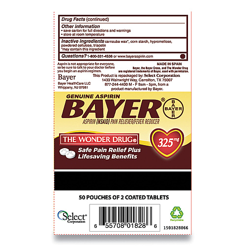 Bayer Aspirin Tablets, Two-Pack, 50 Packs/Box (BXBG50)