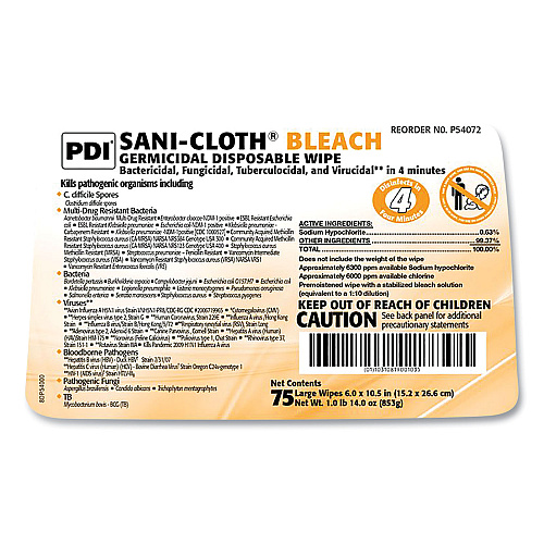 Sani-Cloth Bleach Germicidal Disposable Wipes, Deep-Well Lid Canister, 10.5 x 6, 75/Canister (P54072PK)