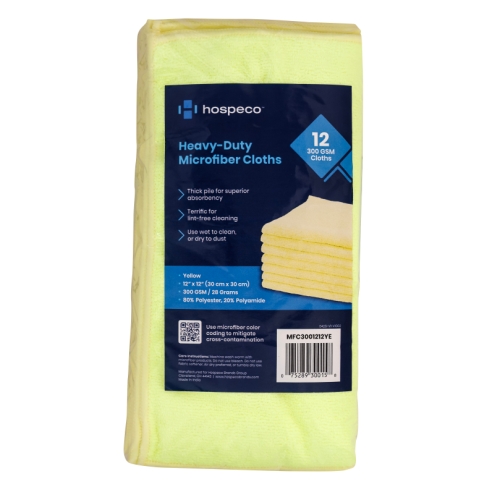 Microfiber Cloths 12x12 300 Gsm Half-fold Yellow, Pack Of 12 (MFC3001212YE)