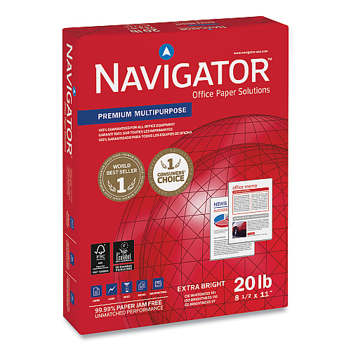 Navigator Premium Multipurpose Copy Paper, 97 Bright, 20 lb Bond Weight, 8.5 x 11, White, 500 Sheets/Ream, 5 Reams/Carton (NMP115R)