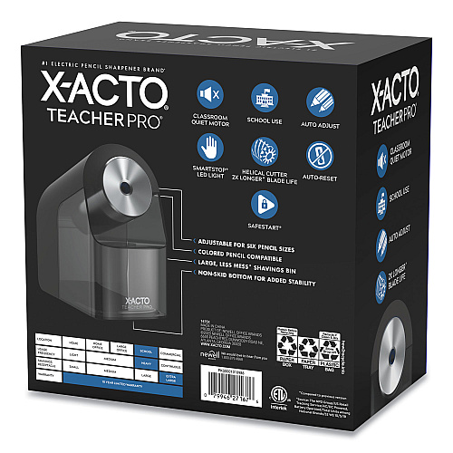 X-ACTO Model 1675 TeacherPro Classroom Electric Pencil Sharpener, AC-Powered, 4 x 7.5 x 8, Black/Silver/Smoke (1675X)