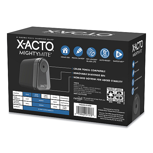 X-ACTO Model 19501 Mighty Mite Home Office Electric Pencil Sharpener, AC-Powered, 3.5 x 5.5 x 4.5, Black/Gray/Smoke (19501X)