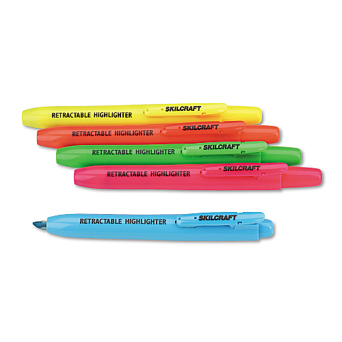AbilityOne 7520015548211, SKILCRAFT Retractable Highlighter, Assorted Ink Colors, Chisel Tip, Assorted Barrel Colors, 5/Set