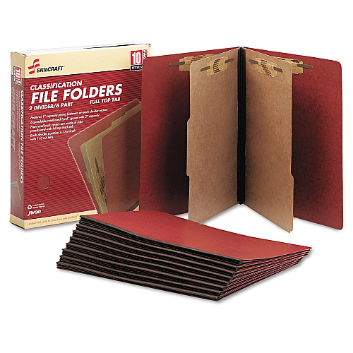 AbilityOne 7530015567912, SKILCRAFT Pressboard Top Tab Classification Folder, 2 Dividers, 6 Fasteners, Letter Size, Earth Red, 10/Box