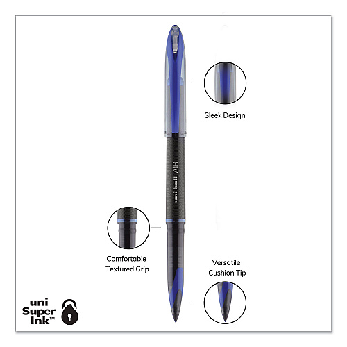 uni-ball AIR Porous Gel Pen, Stick, Medium 0.7 mm, Blue Ink, Black/Blue Barrel, 3/Pack (1926810)