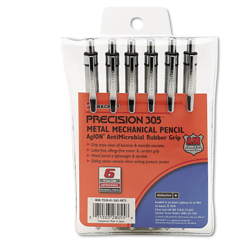 AbilityOne 7520015654873 SKILCRAFT Precision 305 Metal Barrel Mechanical Pencil, 0.7 mm, Black Lead, Silver Barrel, 6/Pack