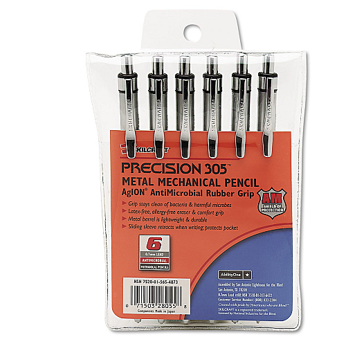 AbilityOne 7520015654875, SKILCRAFT Precision 305 Metal Barrel Mechanical Pencil, 0.5 mm, Black Lead, Silver Barrel, 6/Pack
