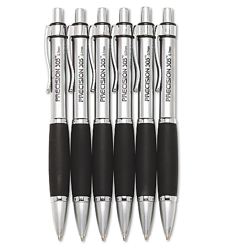 AbilityOne 7520015654875, SKILCRAFT Precision 305 Metal Barrel Mechanical Pencil, 0.5 mm, Black Lead, Silver Barrel, 6/Pack