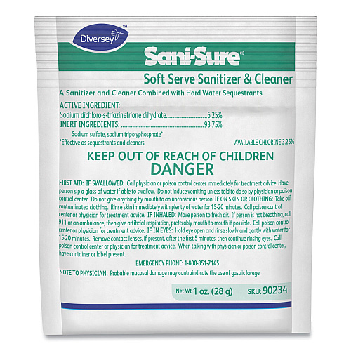 Diversey Sani Sure Soft Serve Sanitizer and Cleaner, Powder, 1 oz Packet, 100/Carton (90234)