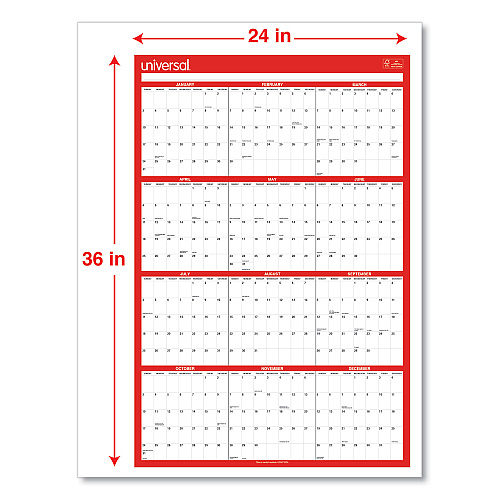 Universal Erasable Wall Calendar, 24 x 36, White/Red Sheets, 12-Month (Jan to Dec): 2026 (71004)