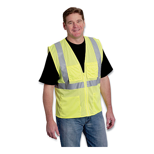 PIP ANSI Class 2 Four Pocket Zipper Safety Vest, Polyester Mesh, 5X-Large, Hi-Viz Lime Yellow (MVGZ4PLY5X)