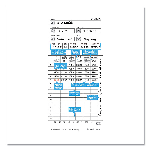 Time Clock Cards for uPunch HN4000, Two Sides, 7.37 x 3.37, 50/Pack (HNTCL2050)