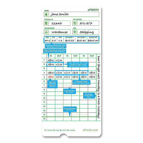 Time Clock Cards for uPunch HN3000, Two Sides, 7.37 x 3.37, 50/Pack (HNTCG1050)