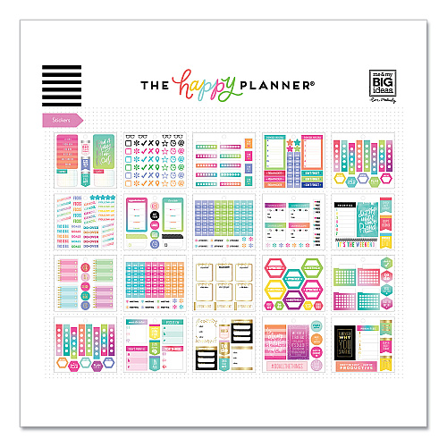 The Happy Planner Productivity Multi Accessory Pack, 20 Double-Sided Pre-Punched Cards, 20 Half-Sheet Stickers, 3 Sticky Note Pads (PLMP02)