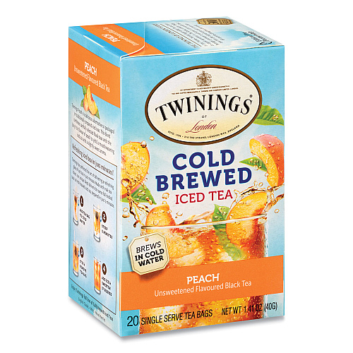 TWININGS Cold Brew Iced Tea Bags, Peach, 0.07 oz Tea Bag, 20/Box (51816)