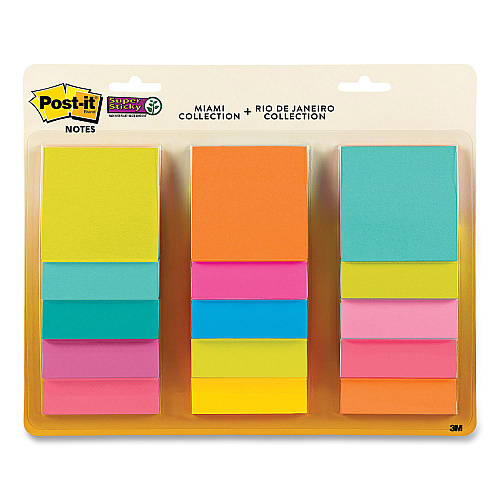 Post-it Pad Collection Assortment Pack, 3" x 3", Energy Boost and Supernova Neon Color Collections, 45 Sheets/Pad, 15 Pads/Pack (65415SSMLTI2)