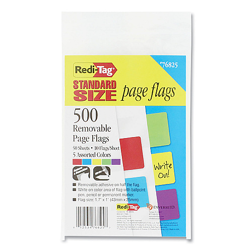 Redi-Tag Removable Page Flags, Red/Blue/Green/Yellow/Purple, 100/Color, 500/Pack (76825)