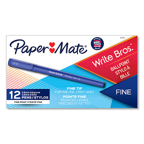 Paper Mate Write Bros. Ballpoint Pen, Stick, Fine 0.8 mm, Blue Ink, Blue Barrel, Dozen 0.8 mm Fine Pen Point - Blue Ink - 12 / Box (2124512)