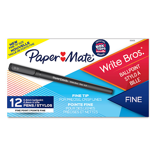 Paper Mate Write Bros. Ballpoint Pen, Stick, Fine 0.8 mm, Black Ink, Black Barrel, Dozen (2124515)