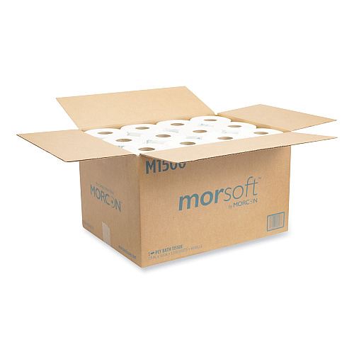 Morcon Paper Morsoft Controlled Bath Tissue, Split-Core, Septic Safe, 1-Ply, White, 3.9" x 4", 1500 Sheets/Roll, 48 Rolls/Carton (M1500)