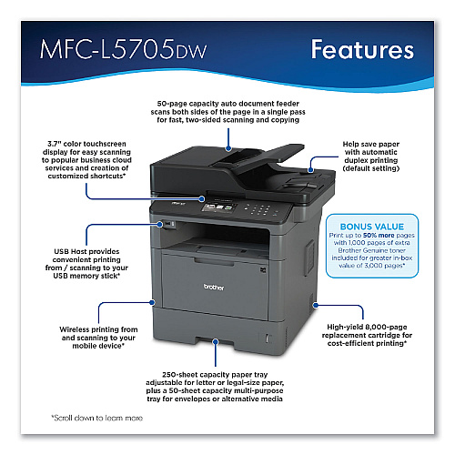 Brother MFC-L5705DW Wireless All-in-One Laser Printer, Copy/Fax/Print/Scan