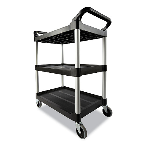Rubbermaid Commercial Xtra Utility Cart with Open Sides, Plastic, 3 Shelves, 300 lb Capacity, 40.63" x 20" x 37.81", Black (409100BLA)