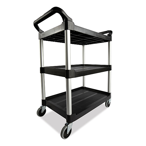 Rubbermaid Commercial Xtra Utility Cart with Open Sides, Plastic, 3 Shelves, 300 lb Capacity, 40.63" x 20" x 37.81", Black (409100BLA)
