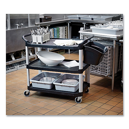 Rubbermaid Commercial Xtra Utility Cart with Open Sides, Plastic, 3 Shelves, 300 lb Capacity, 40.63" x 20" x 37.81", Black (409100BLA)